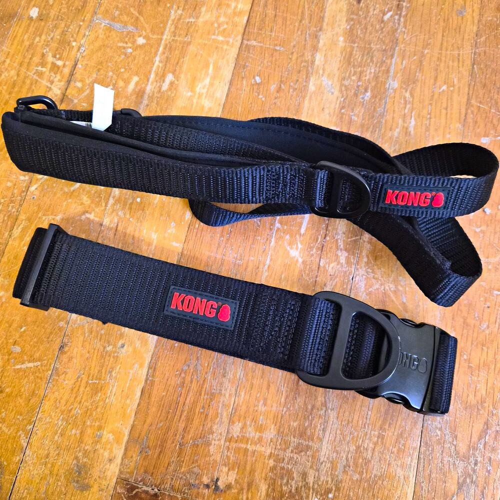KONG Black Heavy Duty Pet Dog Collar w 4ft Nylon Leash Size L